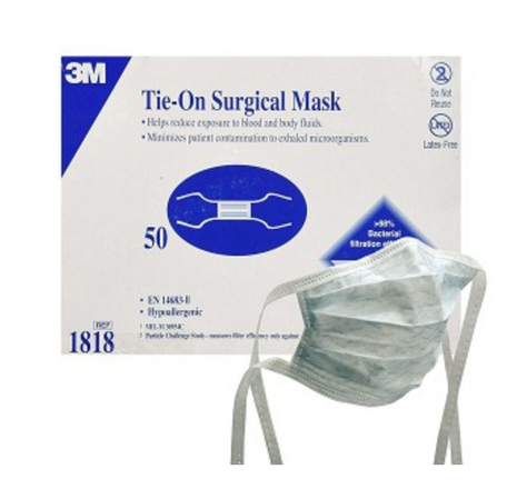 3M 1818 Tie-On Surgical Mask with Nosefoam – REF 70-2011-7380-7, 50 Count