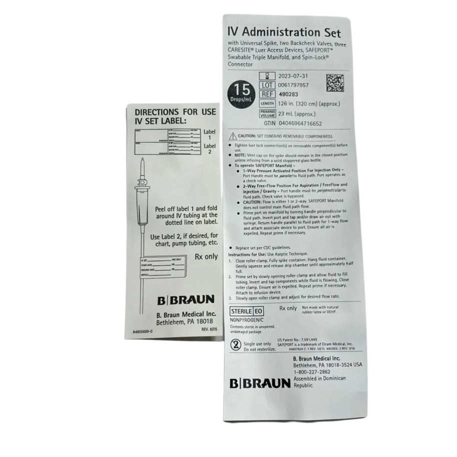 B. Braun IV Administration Set – 15 Drops/mL, 126", 24 Count (Expired 07/31/2023)