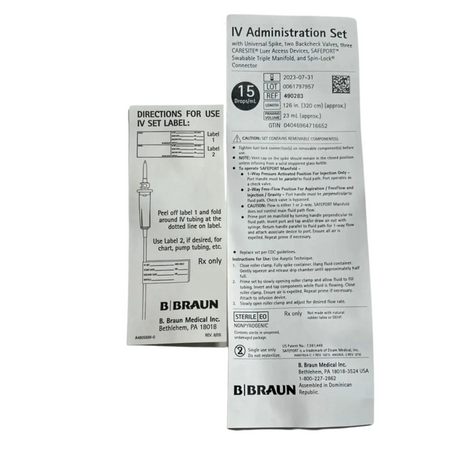 B. Braun IV Administration Set – 15 Drops/mL, 126", 24 Count (Expired 07/31/2023)