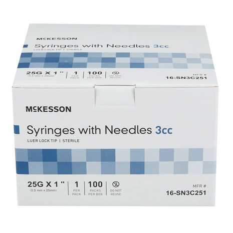 McKesson 16-SN3C251 Syringe – 3 cc, Luer Lock Tip, 25 Gauge, Sterile, 100 Count