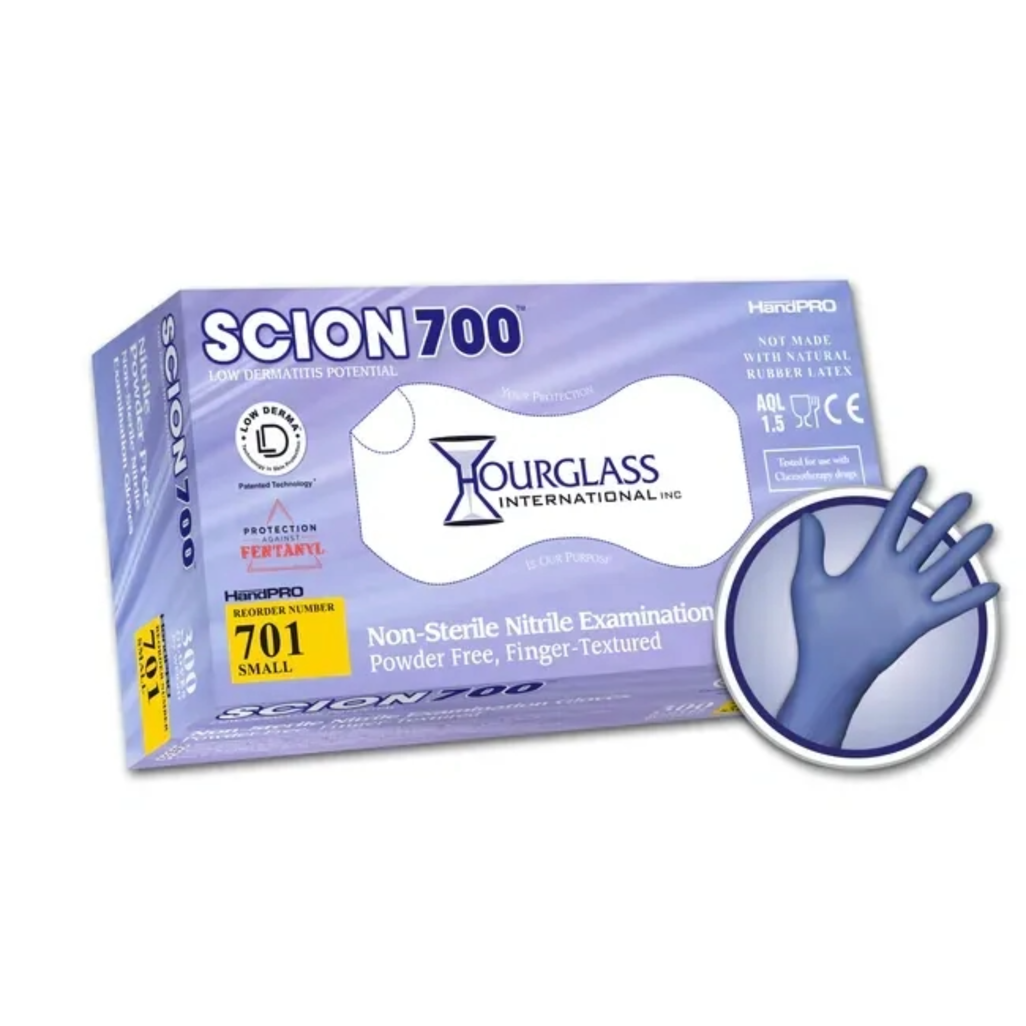 Hourglass 701 Scion 700 Non-Sterile Nitrile Examination Gloves, Powder-Free, Finger Textured, Small, 3000CT