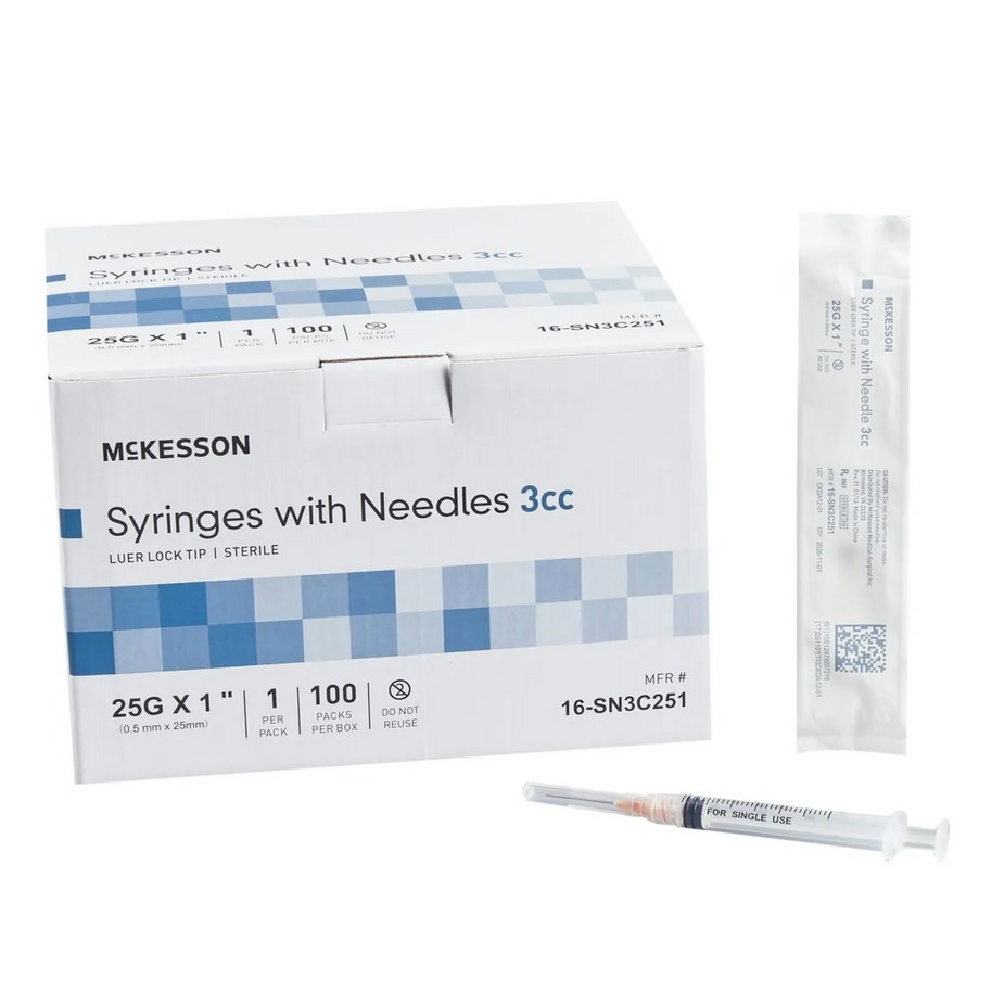 McKesson Standard Hypodermic Syringe with Needle – 3 mL, 1 Inch, 25 Gauge, Thin Wall