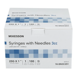 McKesson Standard Hypodermic Syringe with Needle – 3 mL, 1 Inch, 25 Gauge, Thin Wall